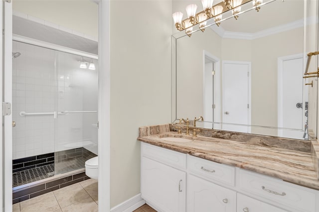 bathroom with a shower with door, tile patterned floors, ornamental molding, toilet, and vanity