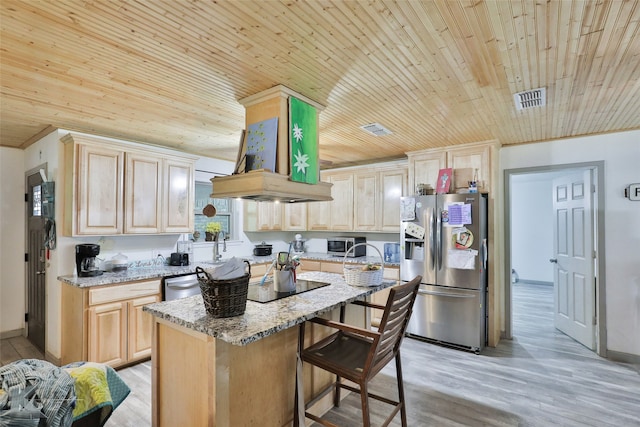 kitchen featuring custom range hood, light brown cabinets, wood ceiling, light hardwood / wood-style floors, and appliances with stainless steel finishes