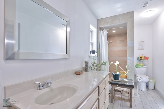 bathroom with vanity, a textured ceiling, and toilet