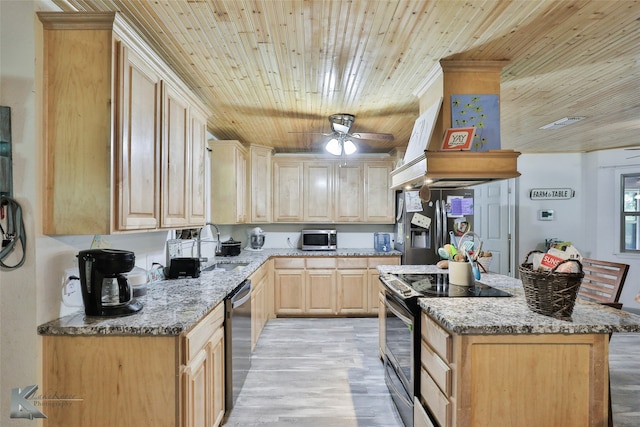 kitchen featuring appliances with stainless steel finishes, light hardwood / wood-style flooring, light brown cabinets, wooden ceiling, and ceiling fan