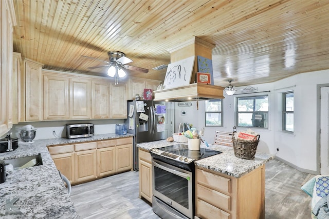 kitchen featuring light brown cabinetry, ceiling fan, wooden ceiling, custom range hood, and appliances with stainless steel finishes