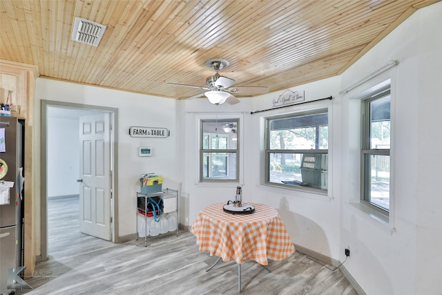 dining room with wooden ceiling, light hardwood / wood-style floors, and ceiling fan