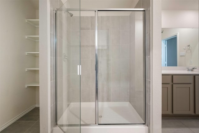 bathroom featuring vanity, tile patterned floors, and a shower with shower door