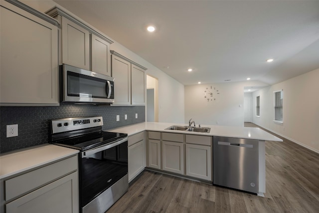 kitchen featuring sink, wood-type flooring, kitchen peninsula, and stainless steel appliances