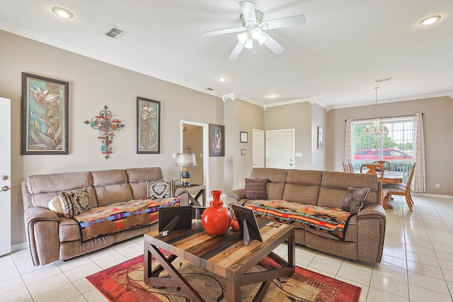 tiled living room with crown molding and ceiling fan