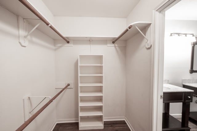 walk in closet featuring dark wood-type flooring