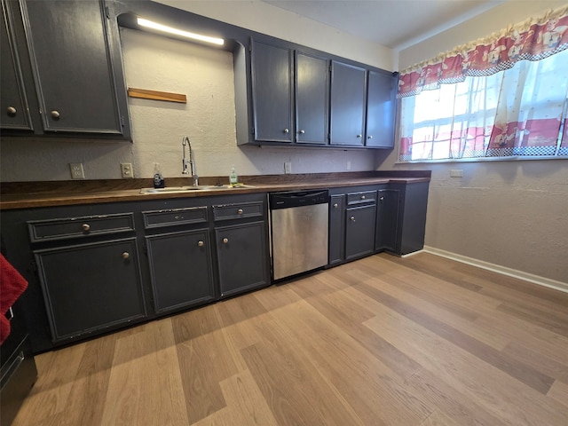 kitchen with sink, dishwasher, wooden counters, and light hardwood / wood-style flooring