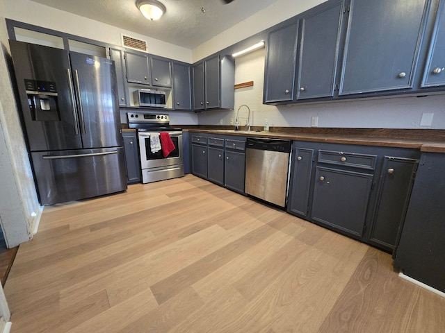 kitchen with appliances with stainless steel finishes, butcher block counters, light hardwood / wood-style floors, and sink