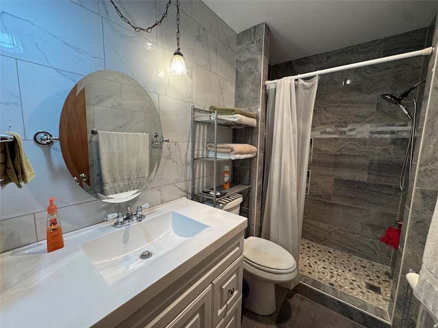 4506 Azalea Dr, Granbury, TX 76049 - bathroom featuring tile walls, vanity, tiled shower, and toilet