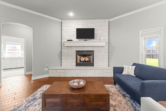 living room with a stone fireplace, wood-type flooring, and crown molding