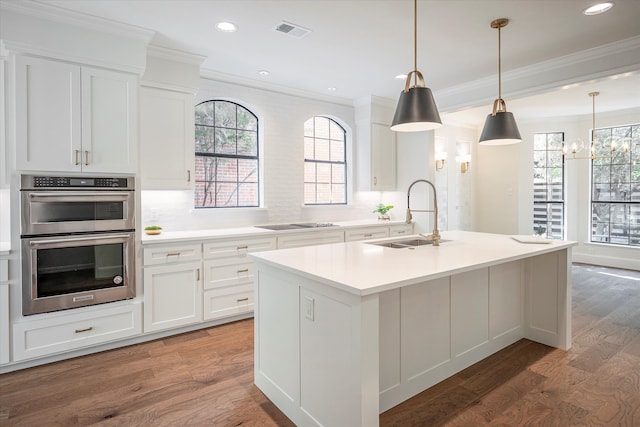 kitchen with tasteful backsplash, a wealth of natural light, hardwood / wood-style floors, stainless steel double oven, and sink