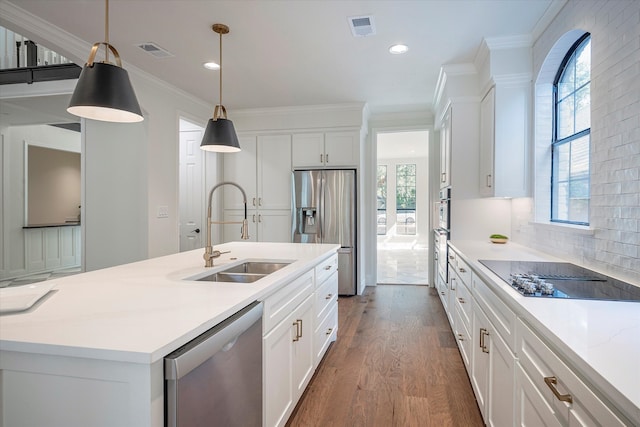 kitchen featuring dark hardwood / wood-style flooring, an island with sink, plenty of natural light, and stainless steel appliances