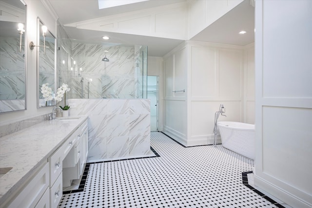 bathroom with plus walk in shower, tile patterned flooring, dual bowl vanity, and ornamental molding