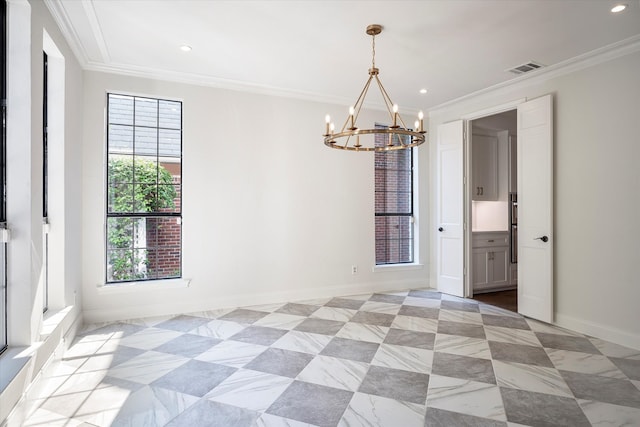 empty room with light tile patterned flooring, crown molding, and an inviting chandelier