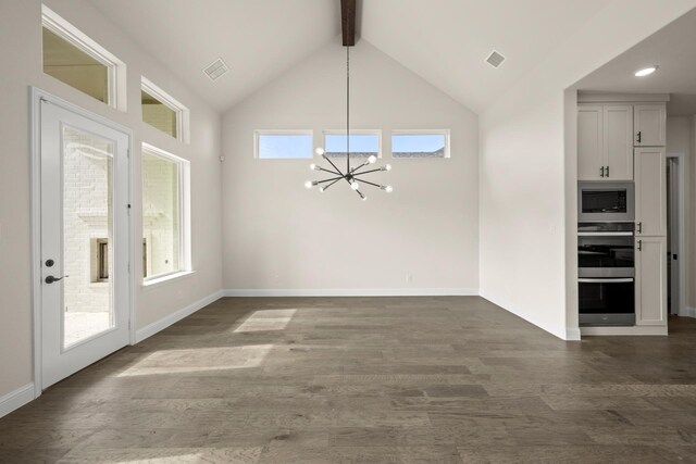 unfurnished dining area with an inviting chandelier, dark hardwood / wood-style flooring, high vaulted ceiling, and beamed ceiling