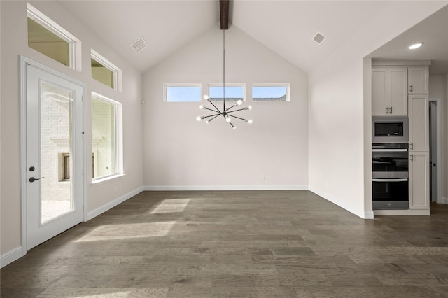 unfurnished dining area with beamed ceiling, dark hardwood / wood-style floors, high vaulted ceiling, and a notable chandelier