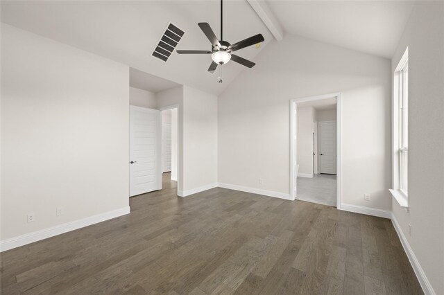 unfurnished room featuring beam ceiling, dark hardwood / wood-style flooring, high vaulted ceiling, and ceiling fan