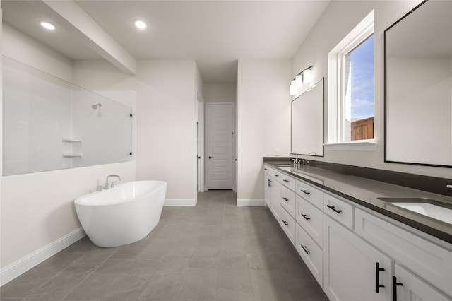 bathroom featuring independent shower and bath and vanity