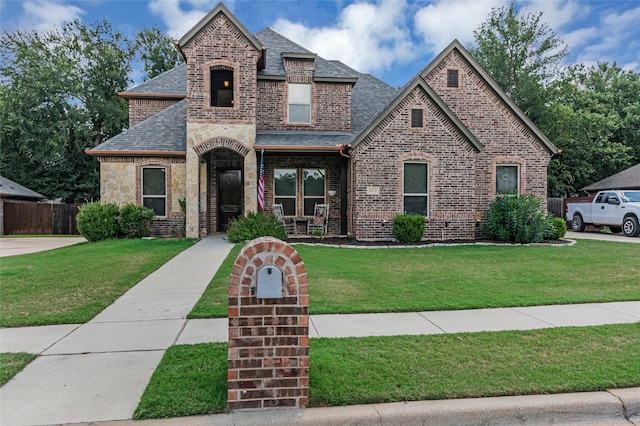 view of front of house featuring brick siding, fence, stone siding, roof with shingles, and a front yard