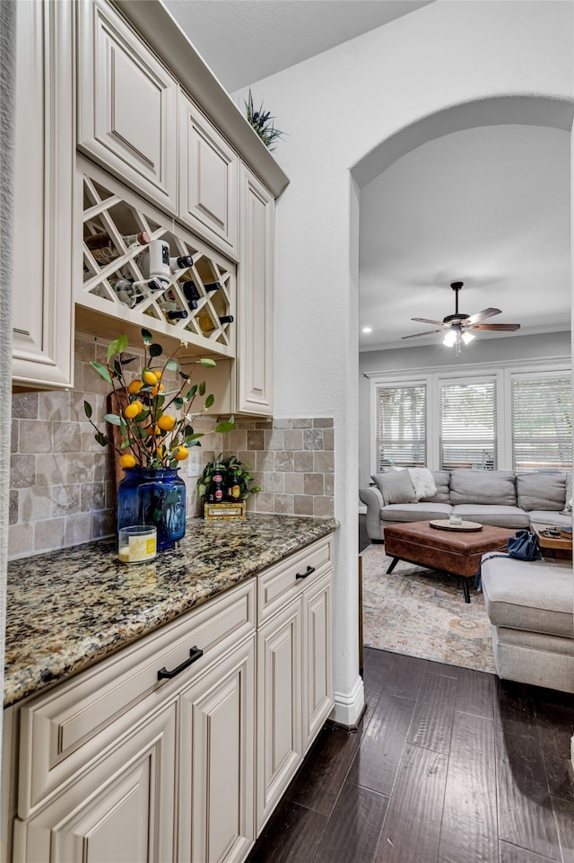 bar featuring plenty of natural light, arched walkways, backsplash, and dark wood-type flooring