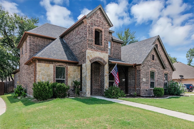 french country style house with roof with shingles, brick siding, fence, stone siding, and a front lawn