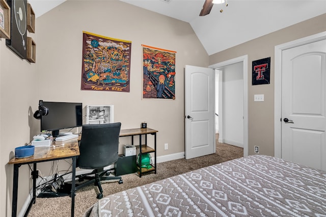 bedroom featuring a ceiling fan, lofted ceiling, baseboards, and carpet