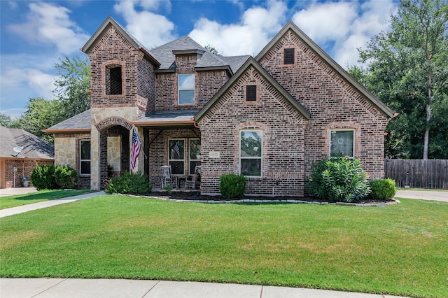 view of front of house featuring brick siding, a front yard, and fence