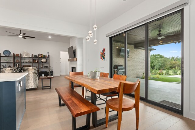 dining area with ceiling fan, a large fireplace, and light wood-type flooring