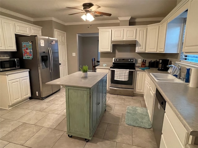 kitchen with appliances with stainless steel finishes, sink, a kitchen island, white cabinetry, and ceiling fan