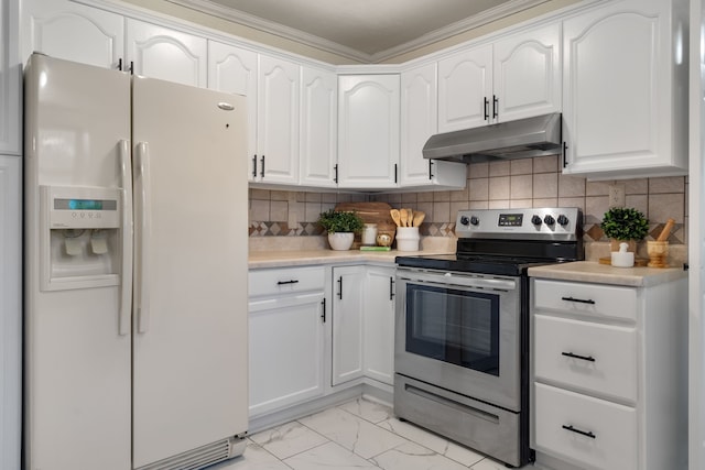 kitchen with decorative backsplash, white cabinetry, white refrigerator with ice dispenser, and stainless steel electric range oven