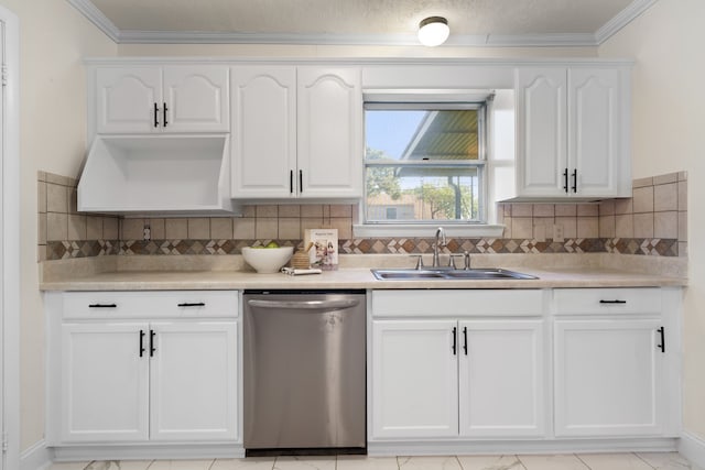 kitchen with sink, white cabinetry, dishwasher, and ornamental molding