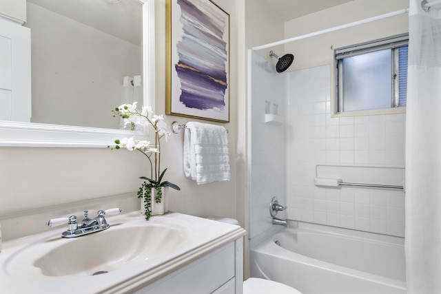 full bathroom featuring toilet, shower / bath combination with curtain, and vanity