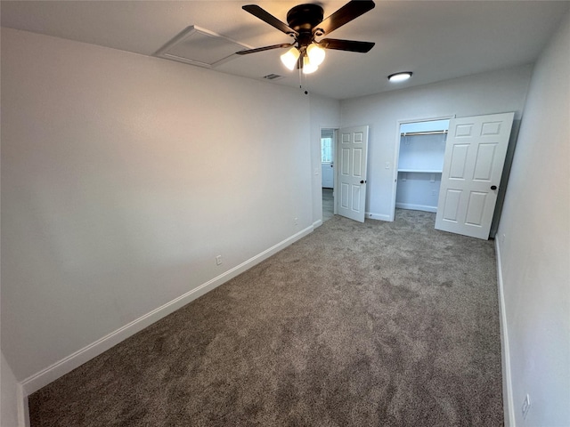 unfurnished bedroom with light carpet, ceiling fan, and a closet