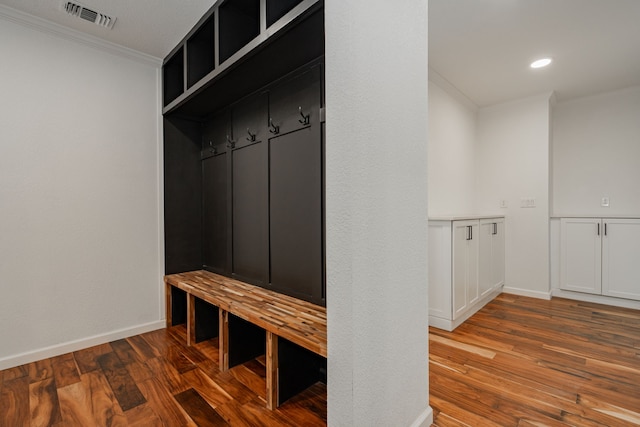 mudroom featuring ornamental molding and wood-type flooring