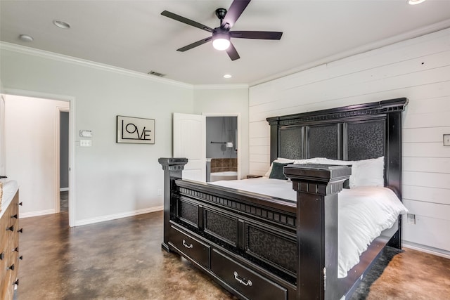 bedroom featuring ceiling fan, ensuite bathroom, wood walls, and ornamental molding