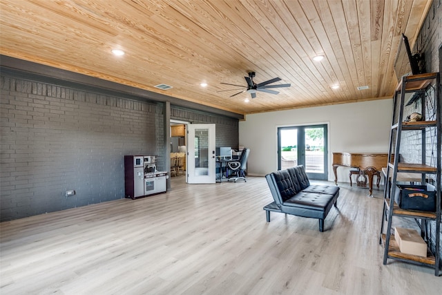 living room featuring brick wall, wood ceiling, french doors, light hardwood / wood-style floors, and ceiling fan