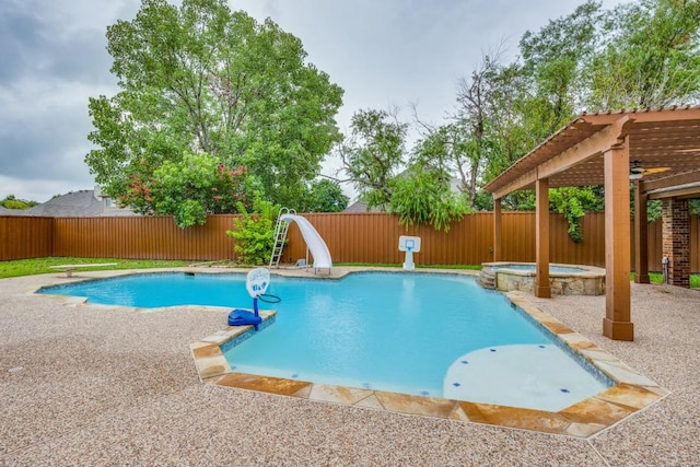 view of swimming pool with an in ground hot tub, a patio, a water slide, and a pergola