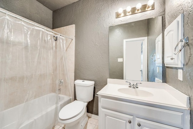 full bathroom featuring shower / bath combo, toilet, tile patterned flooring, and vanity