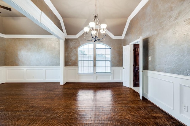 unfurnished dining area featuring ornamental molding, vaulted ceiling, an inviting chandelier, and dark wood-type flooring