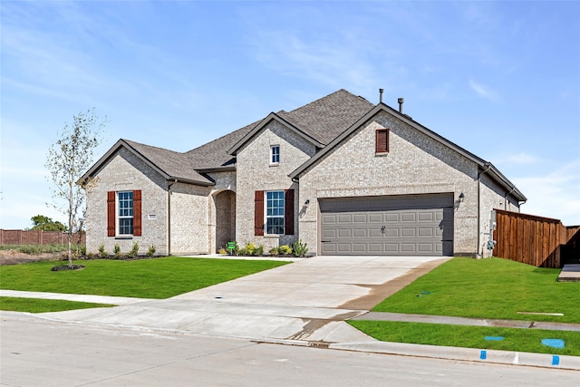 french country style house with a garage and a front yard