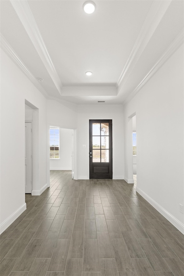 entryway with crown molding, dark wood-type flooring, and a raised ceiling