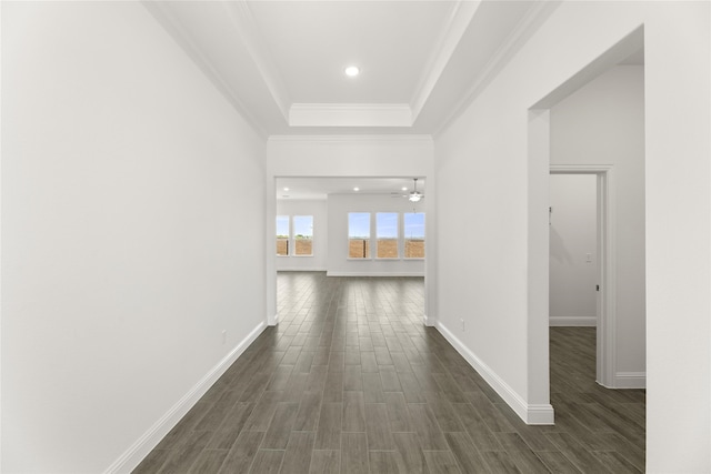 hallway with dark hardwood / wood-style flooring, a tray ceiling, and crown molding