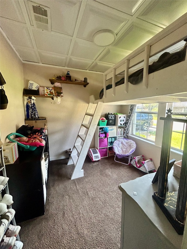 carpeted bedroom featuring coffered ceiling