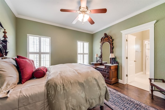 bedroom with ceiling fan, dark hardwood / wood-style flooring, ornamental molding, and ensuite bath