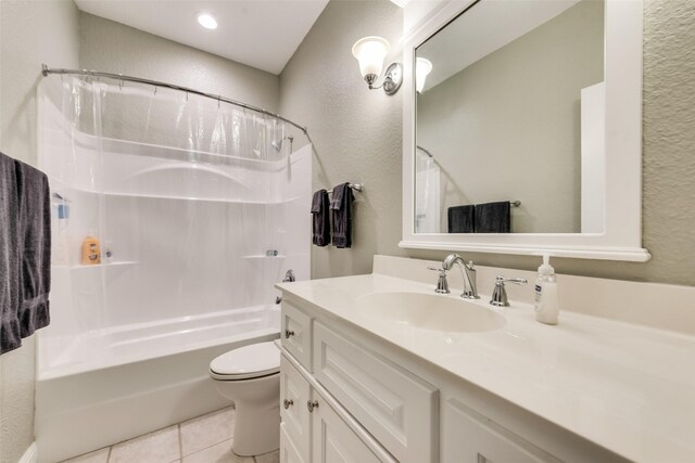 full bathroom with toilet, vanity, shower / tub combo, and tile patterned flooring