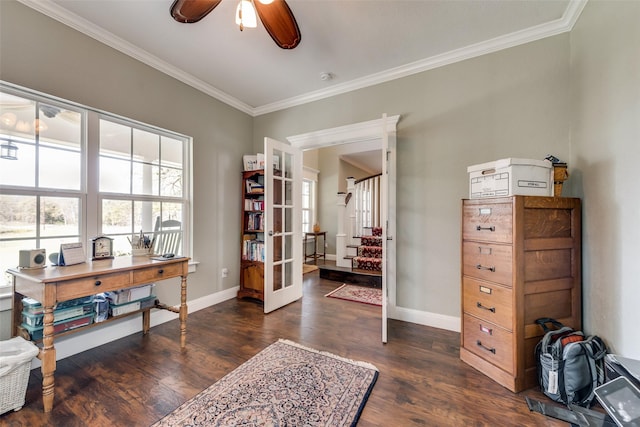 office area featuring ceiling fan, french doors, dark wood-type flooring, and crown molding