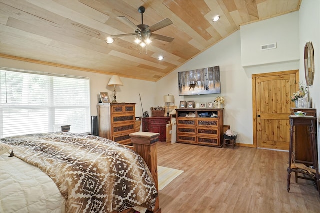 bedroom featuring ceiling fan, light hardwood / wood-style flooring, wooden ceiling, and vaulted ceiling