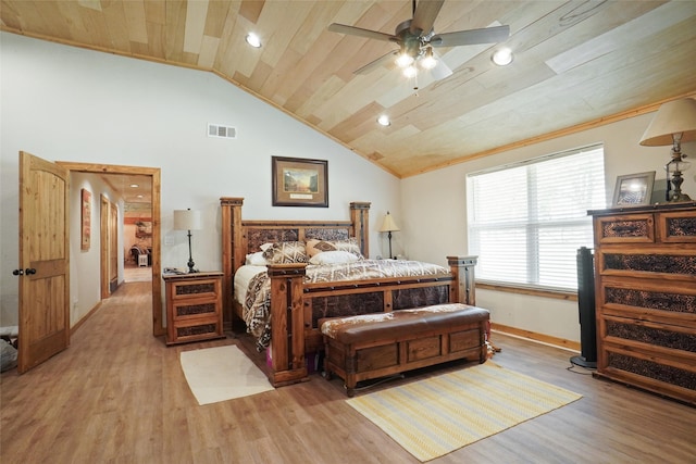 bedroom with lofted ceiling, crown molding, light hardwood / wood-style floors, ceiling fan, and wooden ceiling