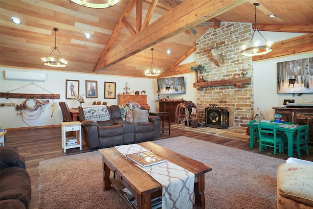 living room featuring a notable chandelier, a brick fireplace, dark wood-type flooring, a wall unit AC, and brick wall