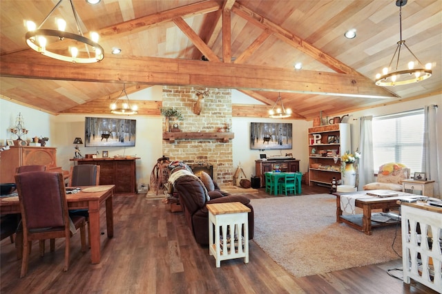 living room with wooden ceiling, a fireplace, vaulted ceiling with beams, hardwood / wood-style flooring, and brick wall